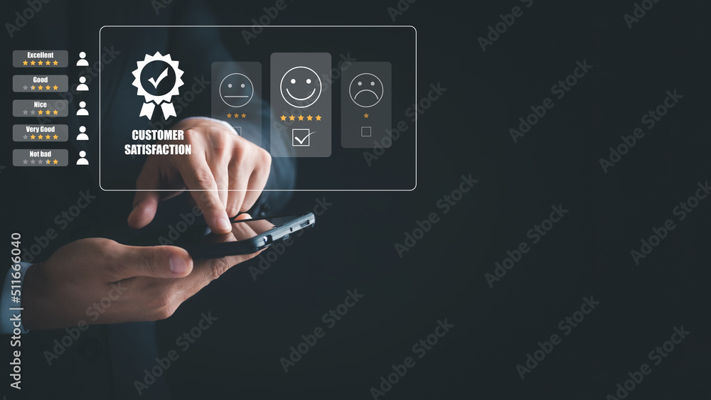 User give rating to service experience on online application, Customer review satisfaction feedback survey concept, Customer can evaluate quality of service leading to reputation ranking of business. User give rating to service experience on online application, Customer review satisfaction feedback survey concept, Customer can evaluate quality of service leading to reputation ranking of business.
