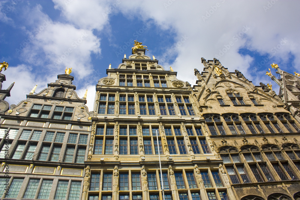 Old traditional historic buildings on the street of Old Town in Antwerp, Belgium