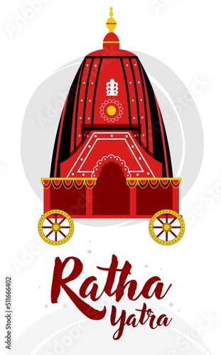 Ratha yatra festival A chariot with wooden deities of Jagannath, Baladeva and Subhadra. Holiday banner greeting card Vector illustration