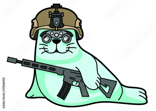 vector humor ironic illustration of a cute funny combat navy seal in a tactical helmet with a night vision device and an AR battle rifle. useful for army patch, print, flag, poster, t-shirt