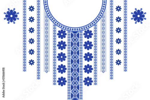  Neck design. Collar pattern. Decorative embroidery on the clothes in native style. Ethnic floral blue ornament. Textile,fabrict-shirt,dress,neckline,boho eth.