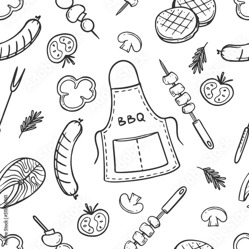 A pattern with grill and barbecue elements for the menu of a restaurant bar cafe on a white background Vector illustration of doodles