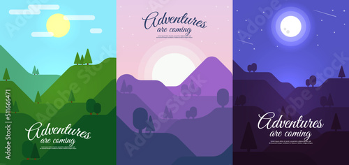 Geometric flat style. Vector illustration. Set of landscapes. Day, morning and night. Design for poster, banner, background, business card, web, greeting or touristic card. 