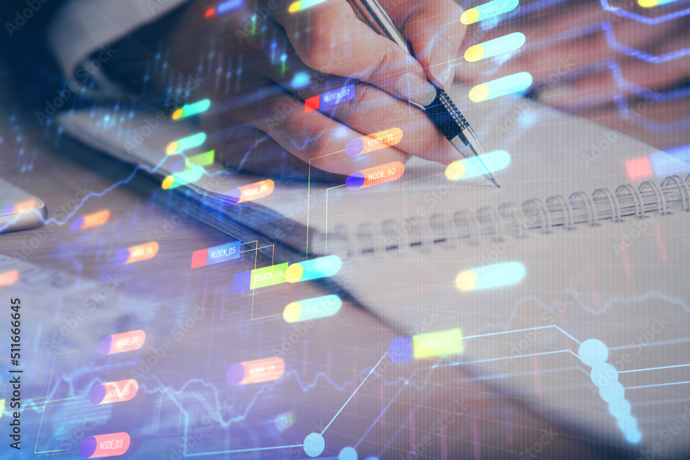 Double exposure of writing hand on background with data technology hologram. Big data concept. Double exposure of writing hand on background with data technology hologram. Big data concept.