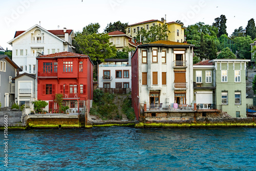 Houses and small hotels on the shore of the Bosphorus Strait High-quality close-up photo