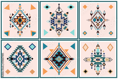 Vector set. Tribal folk aztec geometric pattern element. Colorful art print design. Poster.