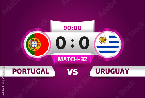 Portugal vs Uruguay, world Football 2022, Group H. World Football Competition championship match versus teams intro sport background, championship competition final poster, vector illustration.
