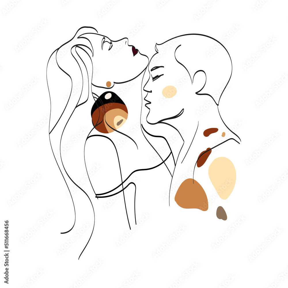 Minimalistic face line art couple man and woman kissing Vector outline ...