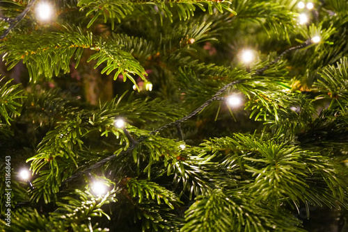 Close up of Christmas lights in a Christmas tree