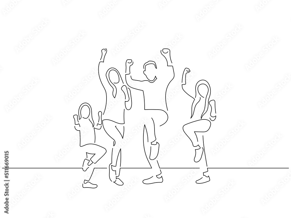 Family having fun in line art drawing style. Composition of a group of people jumping. Black linear sketch isolated on white background. Vector illustration design.