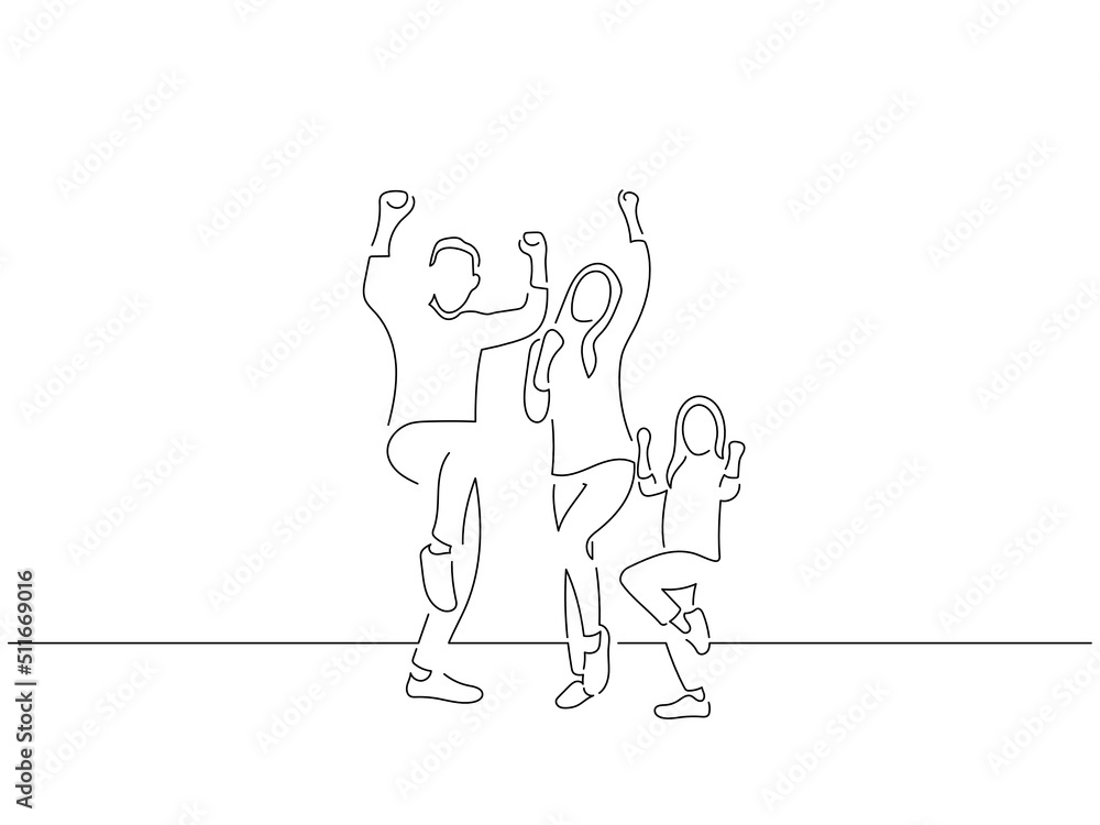 Family having fun in line art drawing style. Composition of a group of people jumping. Black linear sketch isolated on white background. Vector illustration design. Family having fun in line art drawing style. Composition of a group of people jumping. Black linear sketch isolated on white background. Vector illustration design.