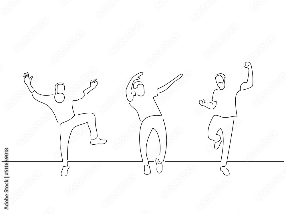 People having fun in line art drawing style. Composition of three persons dancing. Black linear sketch isolated on white background. Vector illustration design.