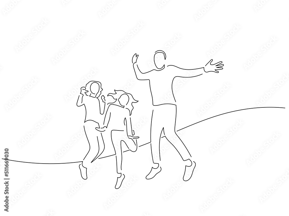Family having fun in line art drawing style. Composition of a group of people jumping. Black linear sketch isolated on white background. Vector illustration design. Family having fun in line art drawing style. Composition of a group of people jumping. Black linear sketch isolated on white background. Vector illustration design.