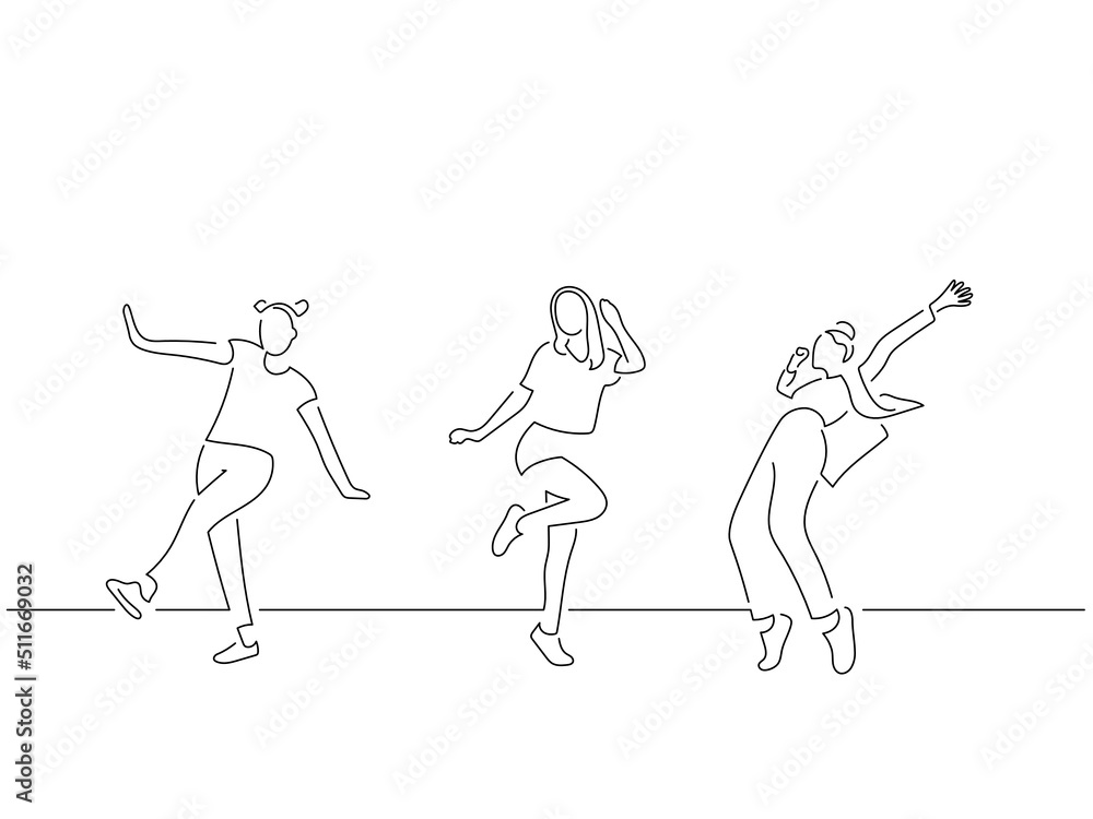 People having fun in line art drawing style. Composition of three persons dancing. Black linear sketch isolated on white background. Vector illustration design. People having fun in line art drawing style. Composition of three persons dancing. Black linear sketch isolated on white background. Vector illustration design.