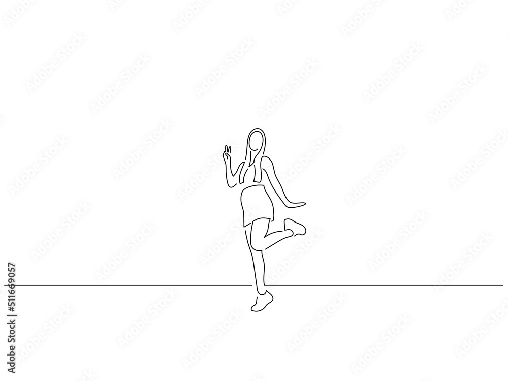 Woman having fun in line art drawing style. Composition of a person gesturing. Black linear sketch isolated on white background. Vector illustration design. Woman having fun in line art drawing style. Composition of a person gesturing. Black linear sketch isolated on white background. Vector illustration design.