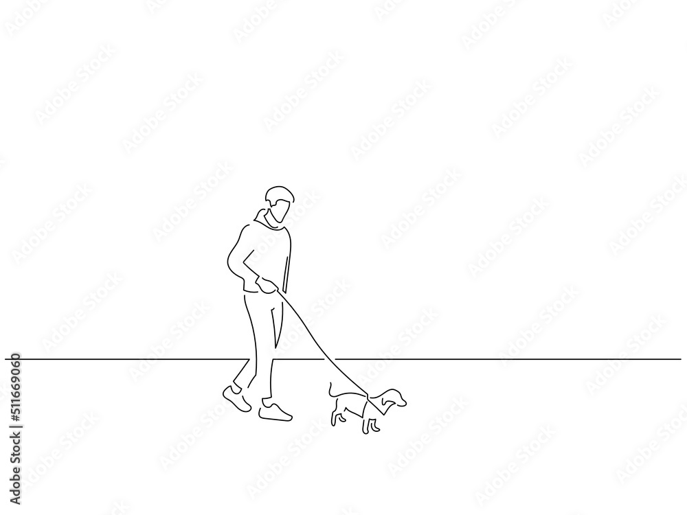 Man walking his dog in line art drawing style. Composition of a person with an animal. Black linear sketch isolated on white background. Vector illustration design.