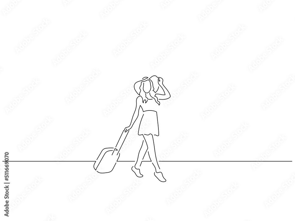 Obraz premium Woman on summer vacation in line art drawing style. Composition of a person on holidays. Black linear sketch isolated on white background. Vector illustration design.