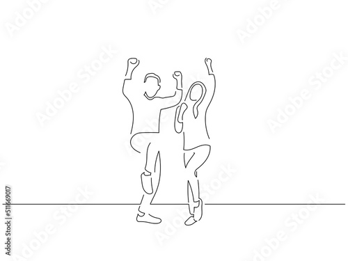 Couple having fun in line art drawing style. Composition of two persons. Black linear sketch isolated on white background. Vector illustration design.