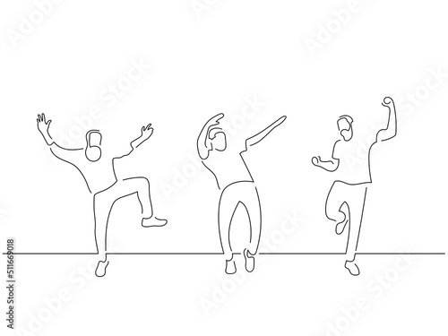 People having fun in line art drawing style. Composition of three persons dancing. Black linear sketch isolated on white background. Vector illustration design.