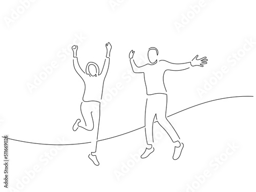 Couple having fun in line art drawing style. Composition of two persons. Black linear sketch isolated on white background. Vector illustration design.