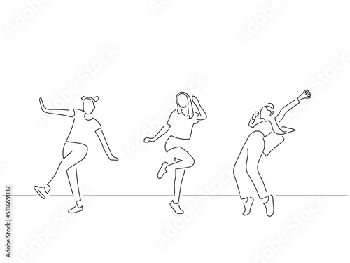 People having fun in line art drawing style. Composition of three persons dancing. Black linear sketch isolated on white background. Vector illustration design.