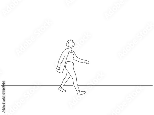 Woman walking in line art drawing style. Composition of a person gesturing. Black linear sketch isolated on white background. Vector illustration design.