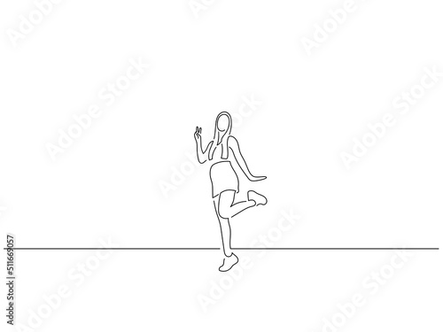 Woman having fun in line art drawing style. Composition of a person gesturing. Black linear sketch isolated on white background. Vector illustration design.