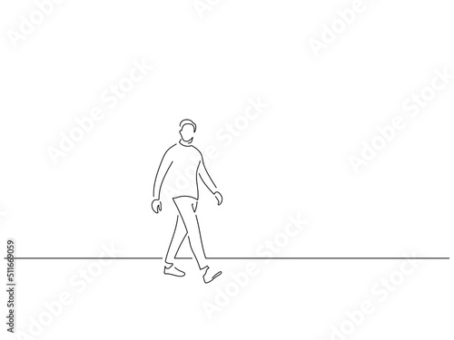 Man walking in line art drawing style. Composition of a person gesturing. Black linear sketch isolated on white background. Vector illustration design.