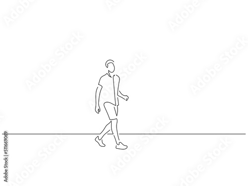 Man walking in line art drawing style. Composition of a person gesturing. Black linear sketch isolated on white background. Vector illustration design.