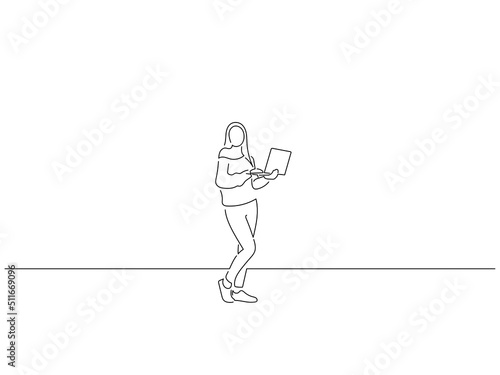 Woman using a laptop in line art drawing style. Composition of a person stand up. Black linear sketch isolated on white background. Vector illustration design.