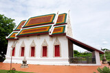 Ancient architecture antique building ubosot church of Wat khien or Khian temple for thai people travelers travel visit respect praying buddha and blessing holy mystery worship in Nonthaburi, Thailand