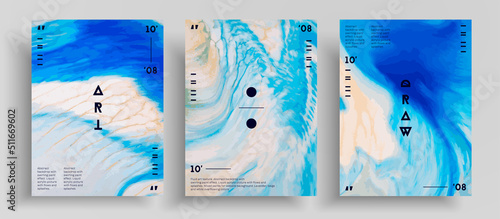 Abstract vector poster, collection of modern fluid art covers. Trendy background that can be used for design cover, invitation, presentation and etc. Blue and white creative iridescent artwork.