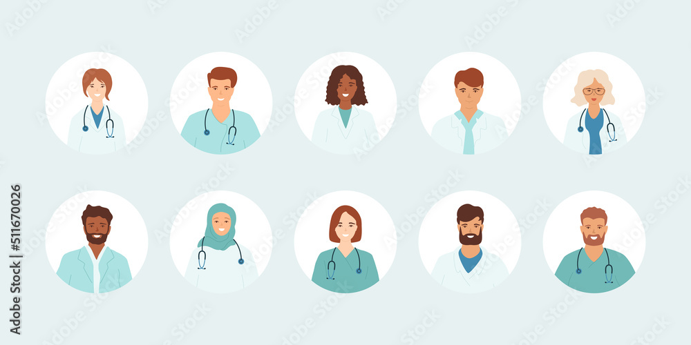 Doctors portrait set. Profile icons, avatars of women and men different nationalities. Muslim female, black woman, African man, Asian girl. Healthcare, medical service. Vector illustration. Doctors portrait set. Profile icons, avatars of women and men different nationalities. Muslim female, black woman, African man, Asian girl. Healthcare, medical service. Vector illustration.