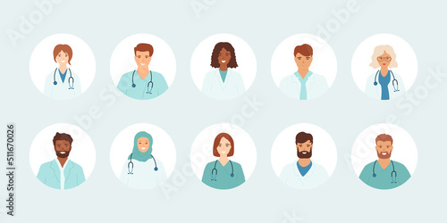 Doctors portrait set. Profile icons, avatars of women and men different nationalities. Muslim female, black woman, African man, Asian girl. Healthcare, medical service. Vector illustration. 