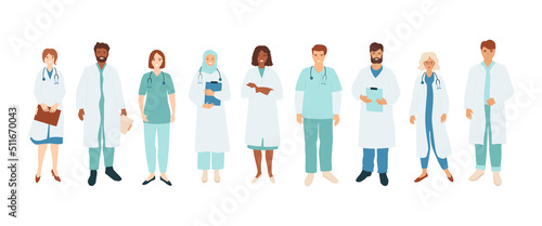 Doctors and nurse set, diverse healthcare professional team. Young women and men in medical uniform with stethoscope and holding clipboard. Vector illustration with standing people.