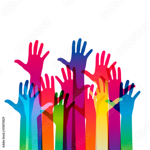 Hands on a light background. Colorful silhouettes arms.  Vector team, help, friendship symbol illustration.
