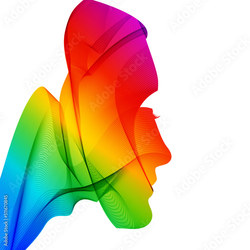 Human profile made of iridescent thin wavy lines.