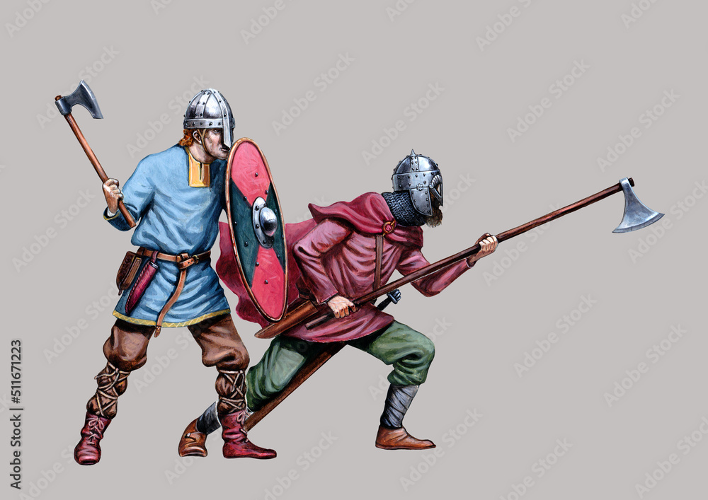 Obraz premium Medieval knights illustration. Viking attack. Vikings raid.
