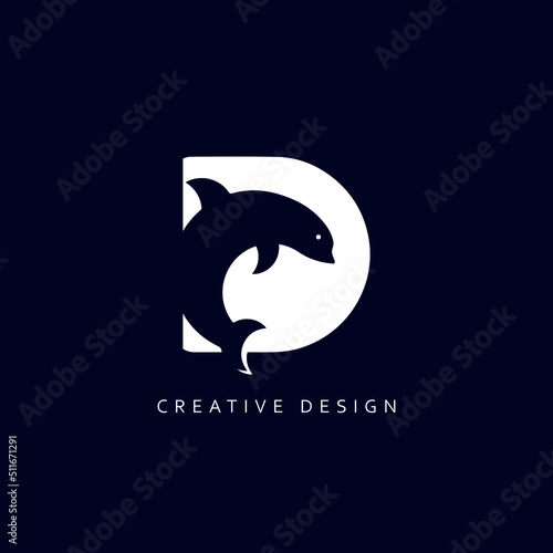 Letter D Whale Logo Design , Minimal Letter D Fish Logo Template