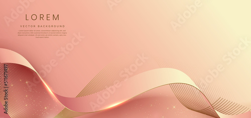 Abstract 3d gold curved red ribbon on red background with bll lighting effect and sparkle with copy space for text. Luxury design style. photo