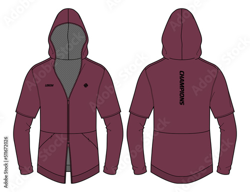 Long sleeve Hoodie jacket sweatshirt design flat sketch Illustration, recovery Hooded jacket with front and back view, winter jacket for Men and women. for training, Running and workout in winter