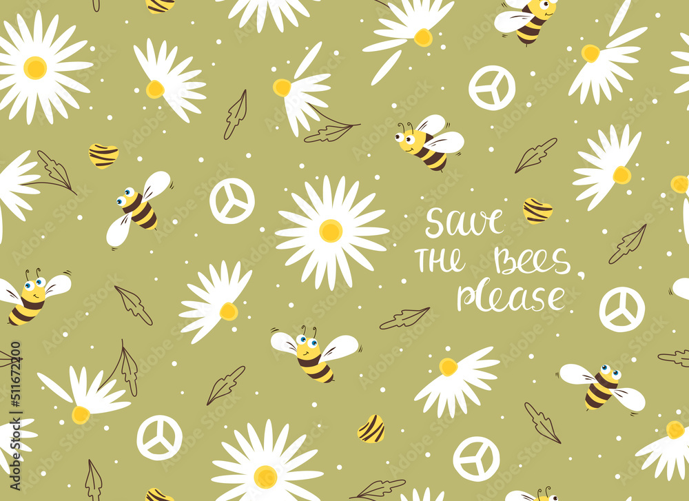 Daisy and bee seamless pattern. Flowers and cartoon bees, hearts on a green background. Vector. 