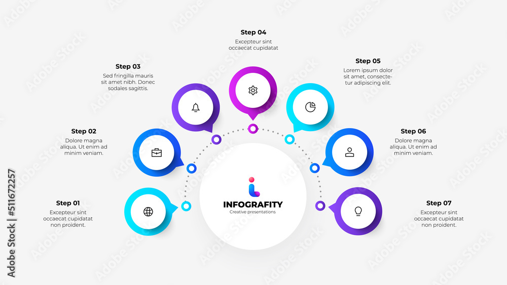 Central circle with seven small circles around it. Design concept of 7 steps or parts of business cycle. Infographic design template. Business data visualization. Central circle with seven small circles around it. Design concept of 7 steps or parts of business cycle. Infographic design template. Business data visualization.