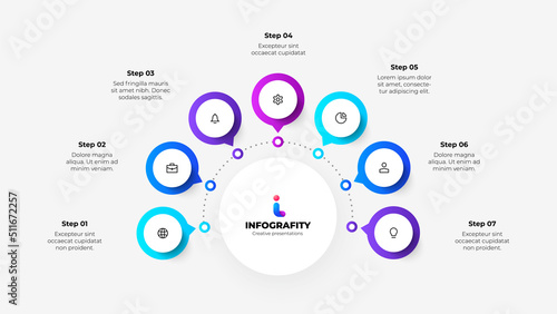Central circle with seven small circles around it. Design concept of 7 steps or parts of business cycle. Infographic design template. Business data visualization.