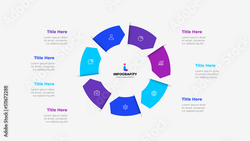 Cycle arrows diagram with 7 options or steps. Slide for business presentation. Circle abstract element divided into seven parts. photo