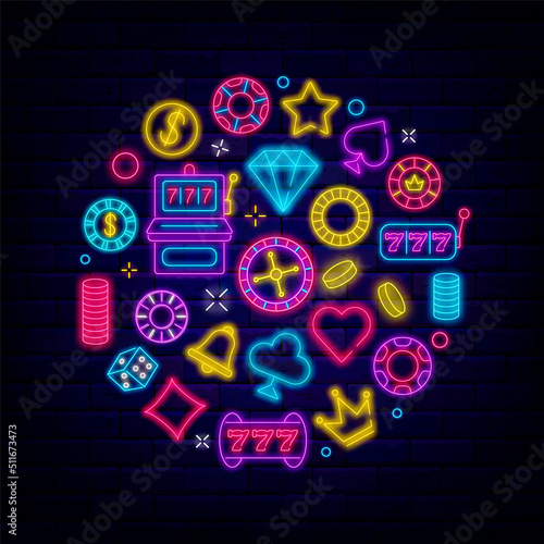 Casino neon circle layout. Jackpot concept. Gambling online. Slots, diamond and star. Vector stock illustration