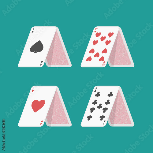 House of Cards in flat style isolated on green background. Casino, gambling, games of chance concept. Home made with poker cards. Vector illustration EPS 10.