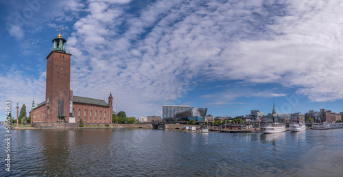 Commuter boats and old steam boats at the Town City Hall pier smoke from chimney when heating up of boiler a sunny summer day in Stockholm © Hans Baath