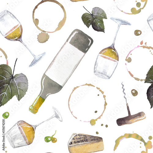 seamless watercolor wine pattern with white wine glasses, bottles, grape, cheese, corkscrew and round yellow wine stains, splashes photo