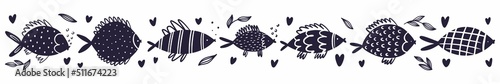 Photography Vector horizontal pattern with fish drawn by hand